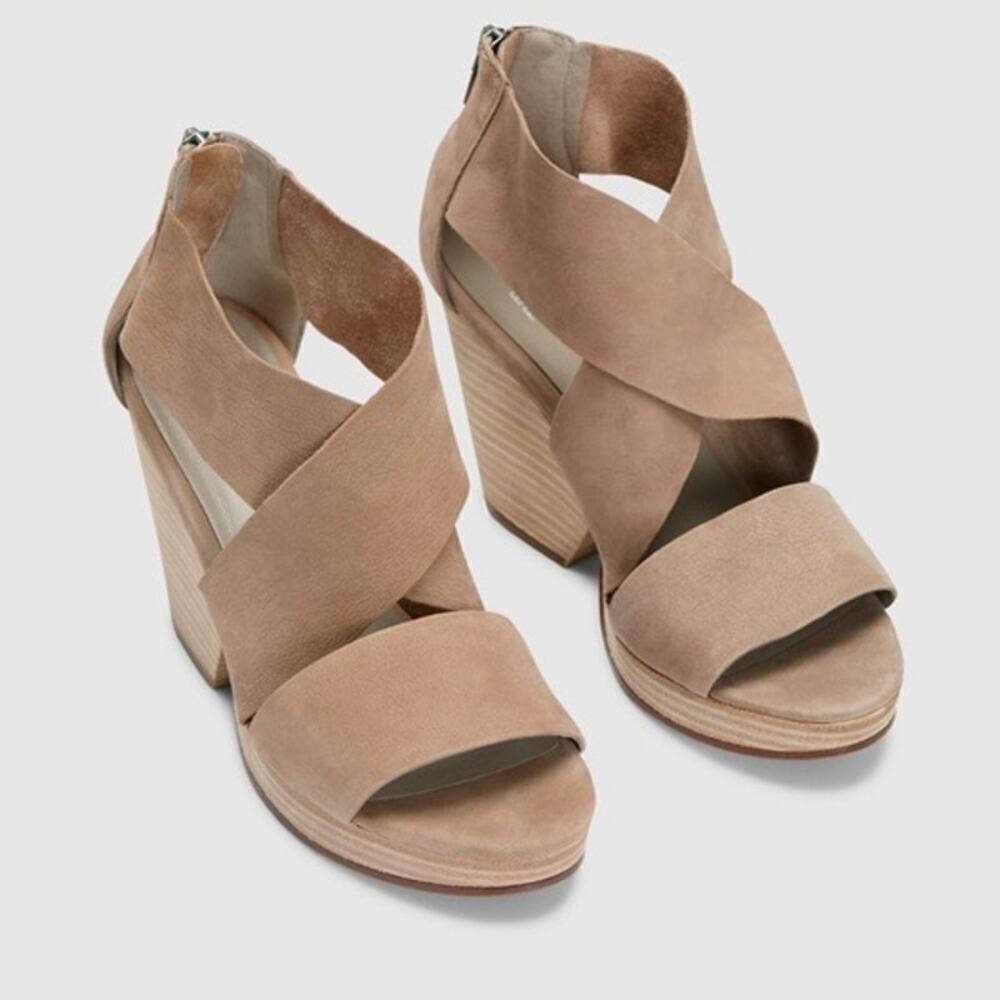 Eileen Fisher Tan Suede Crisscross Wedge Sandals
